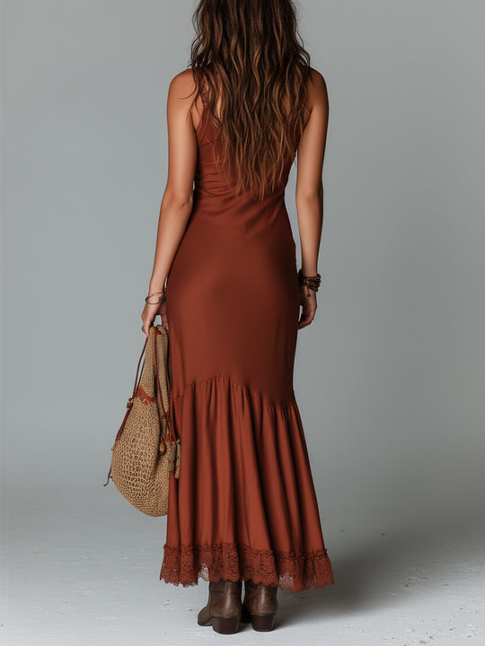 Boho Lace-Trimmed Slim-Fit Tencel Maxi Dress