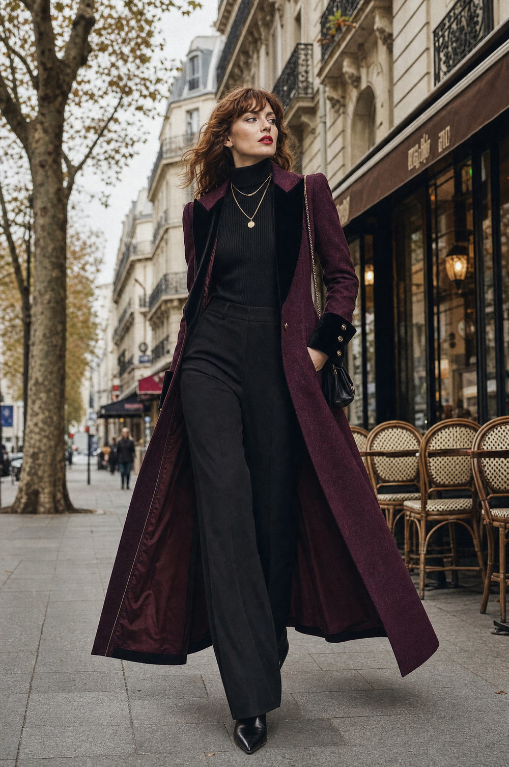 Vintage-style Slim-fit Midi Wool Coat With Velvet-paneled Lapels