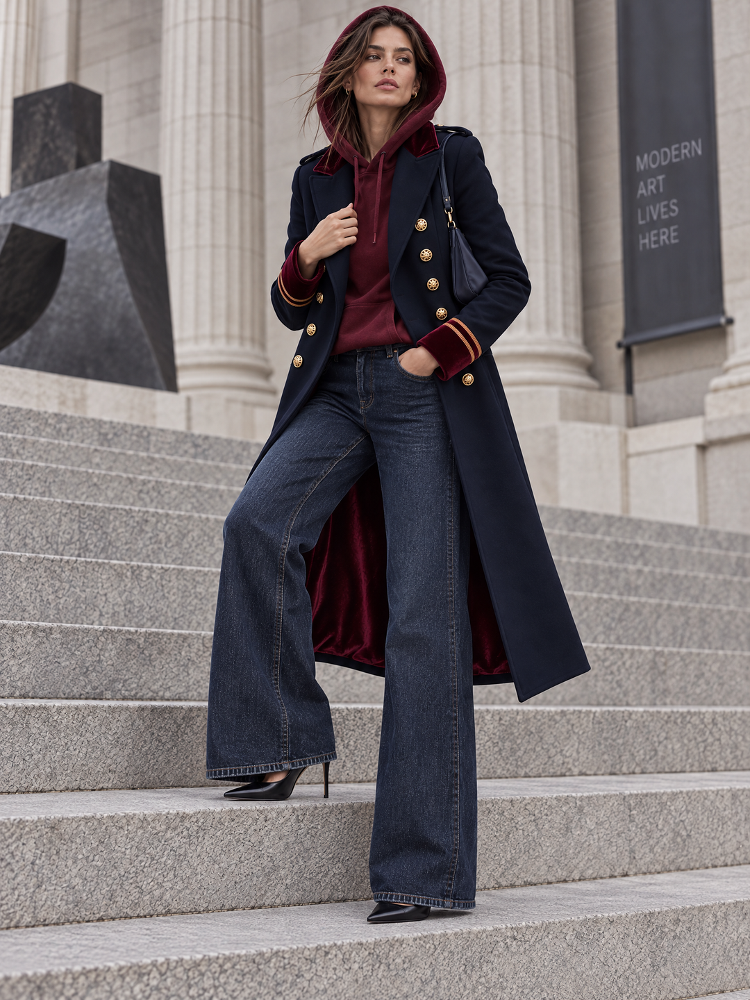 Women's Navy Military Double-Breasted Coat with Burgundy Velvet Collar
