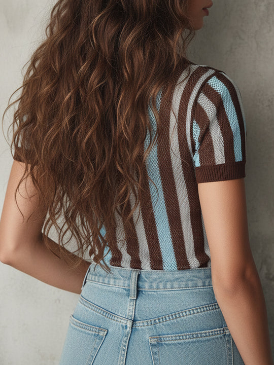 Quietly Luxurious Striped Knitted Short-sleeved Blouse