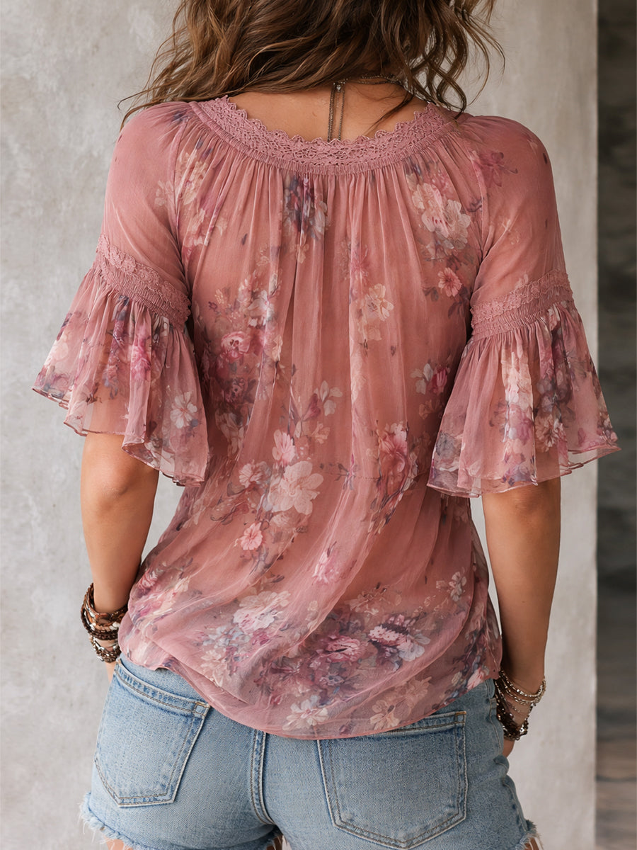 Bohemian Floral Print Chiffon Blouse With Lace And Ruffles