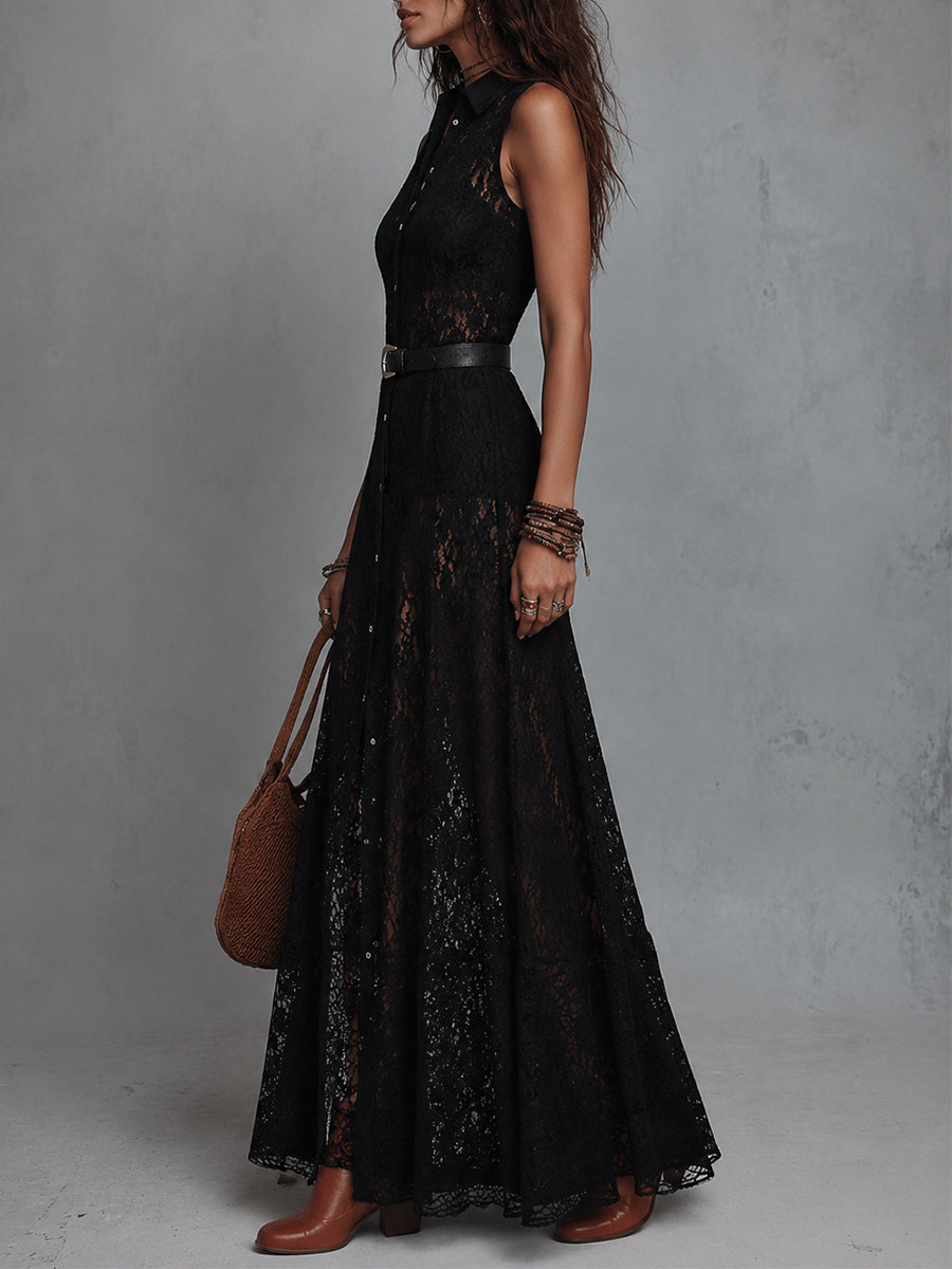 Vintage-Style Shirt Collar Sheer Lace Maxi Dress(Includes Belt)