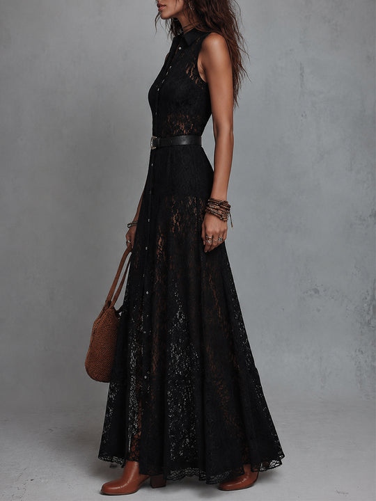 Vintage-Style Shirt Collar Sheer Lace Maxi Dress(Includes Belt)