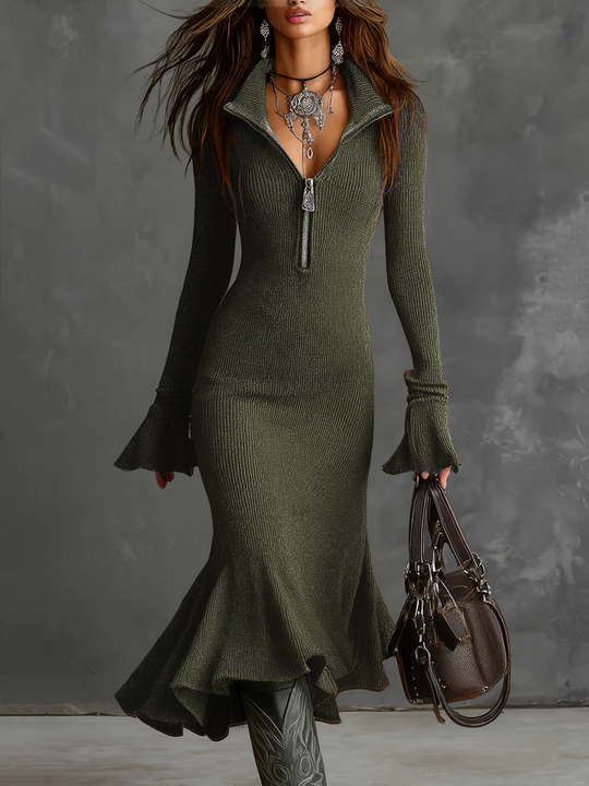 Retro Zipper Neck Trumpet Sleeve Knitted Midi Dress
