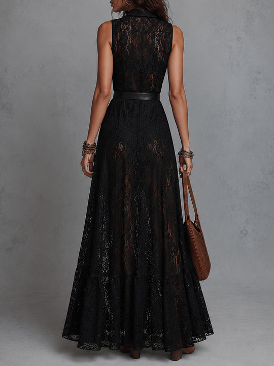 Vintage-Style Shirt Collar Sheer Lace Maxi Dress(Includes Belt)