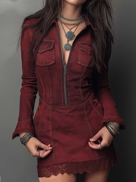 Retro Zip-up Collar Lace Hem Denim Mini Dress