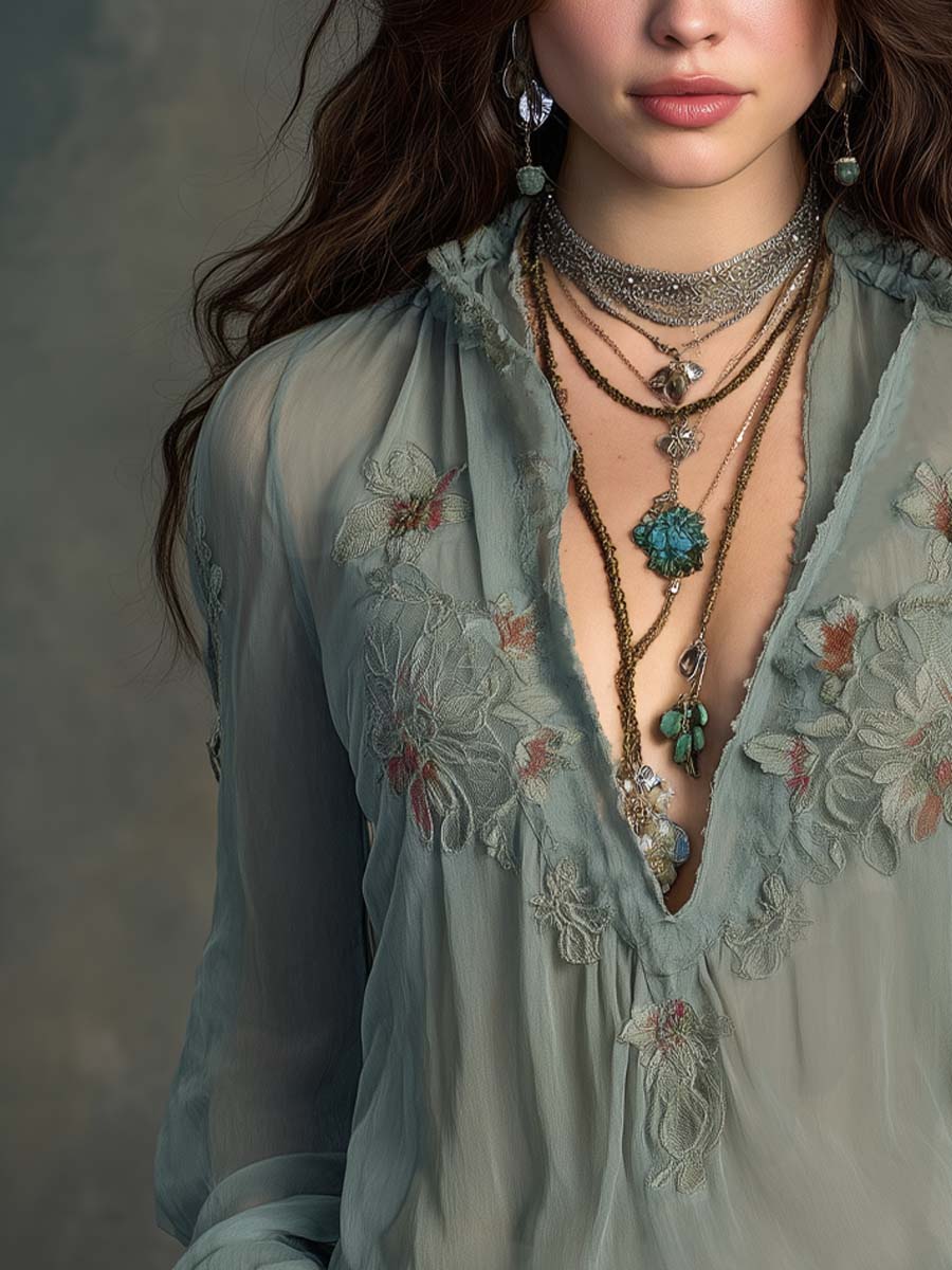 Vintage Lace Cuffs Floral Embroidered Chiffon Blouse