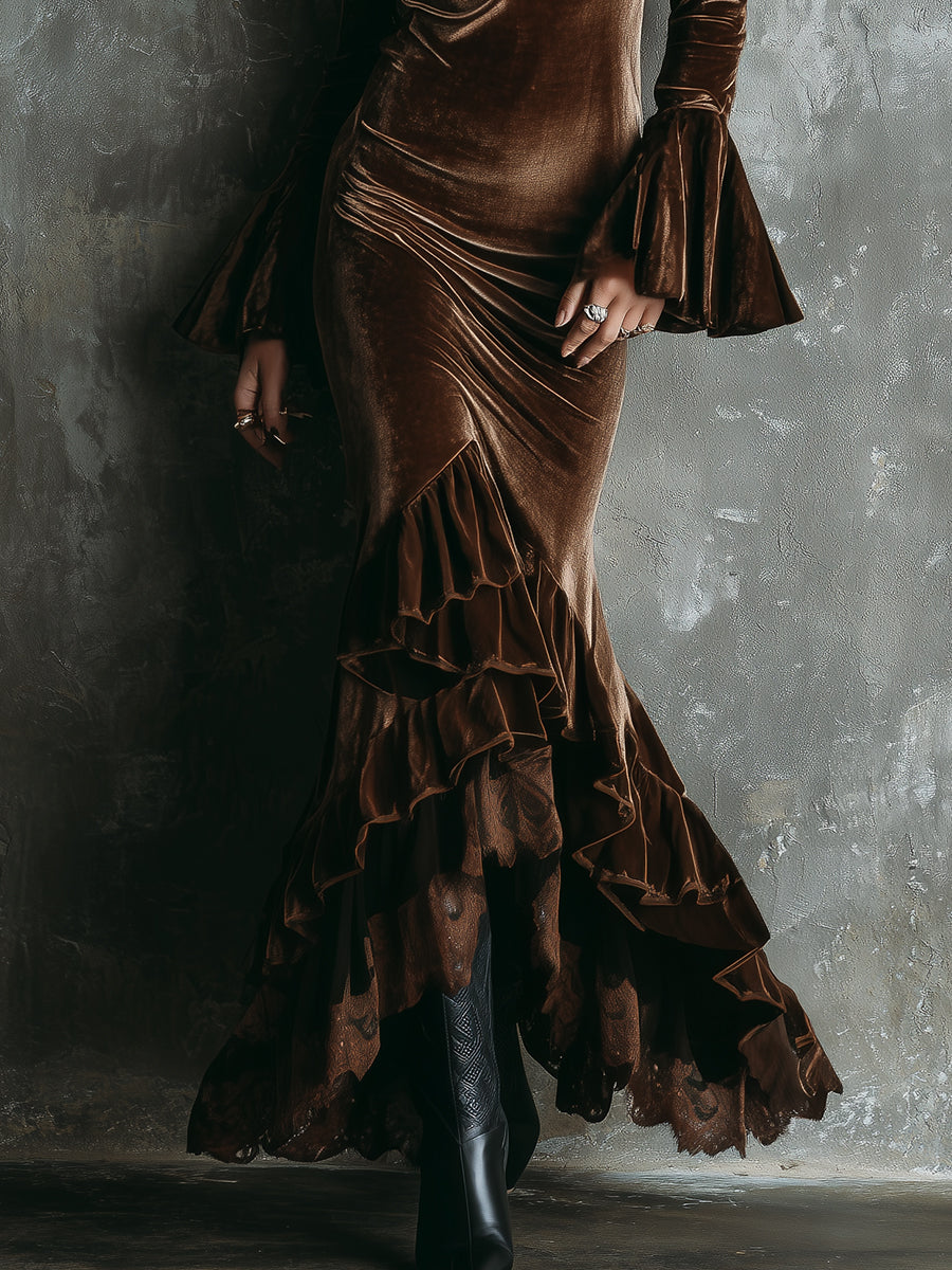 Retro Polyester Velvet Multi-layer Ruffled Fishtail Hem Maxi Dress