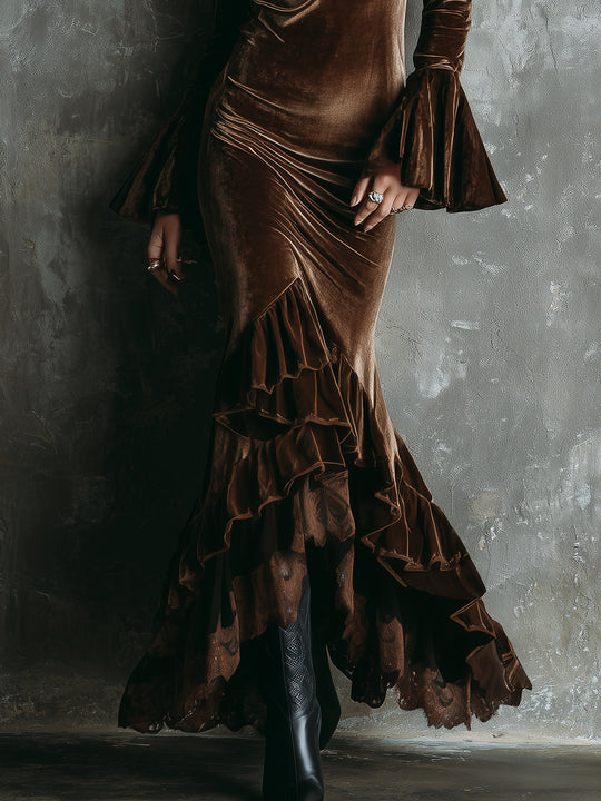 Retro Polyester Velvet Multi-layer Ruffled Fishtail Hem Maxi Dress