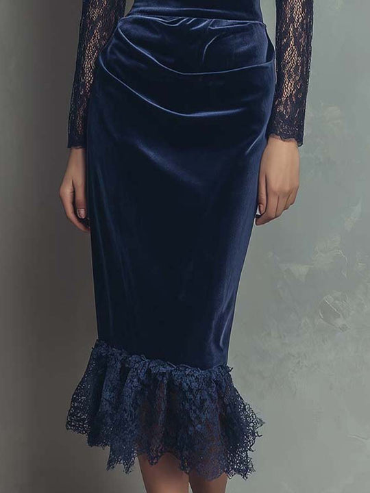 Navy Velvet Lace Midi Dress With Puff Shoulders