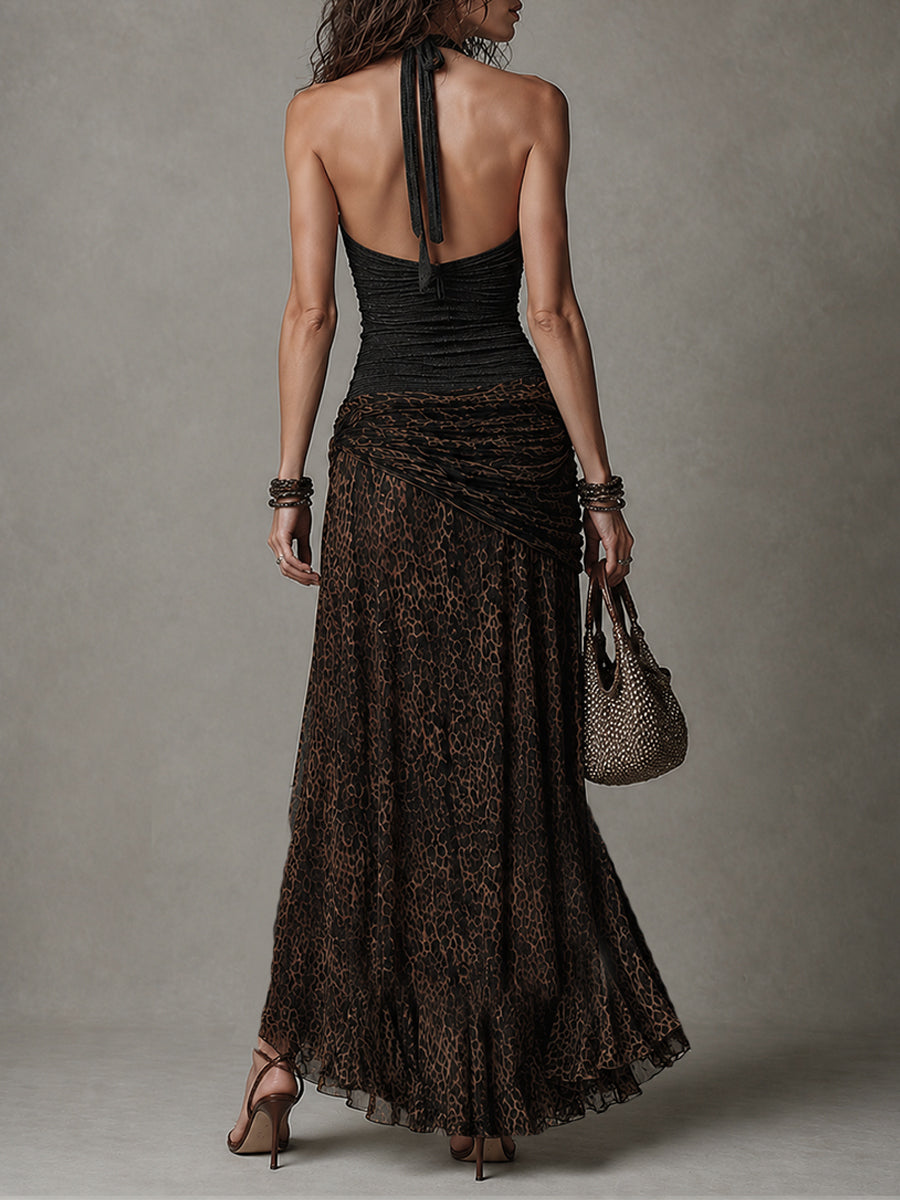 Retro Halter-Neck Tank Top & Leopard-Print Ruched Skirt Set