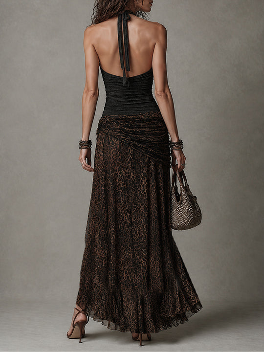 Retro Halter-Neck Tank Top & Leopard-Print Ruched Skirt Set