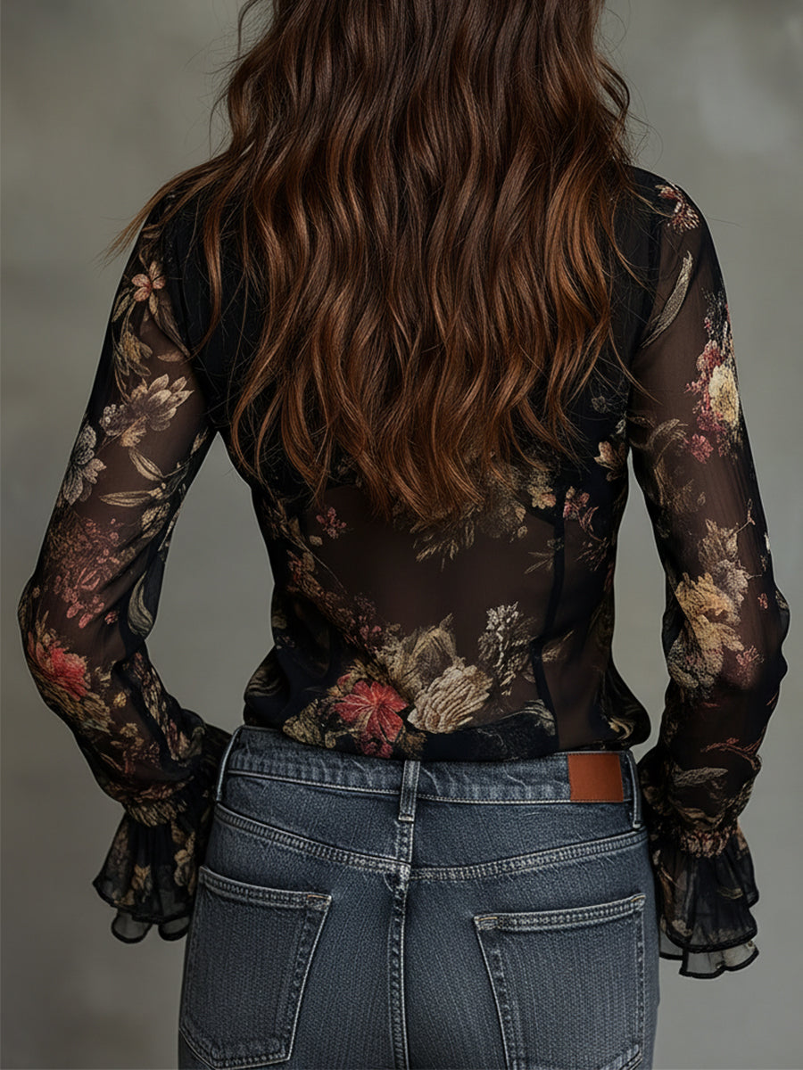 Vintage-style Printed Chiffon Blouse With Ruffles