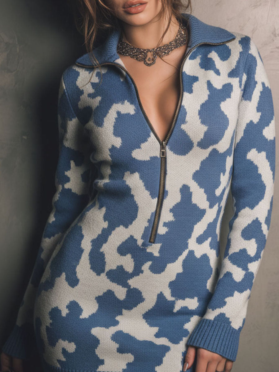 Cozy Blue And White Camo Knit Zip-Up Sweater Dress