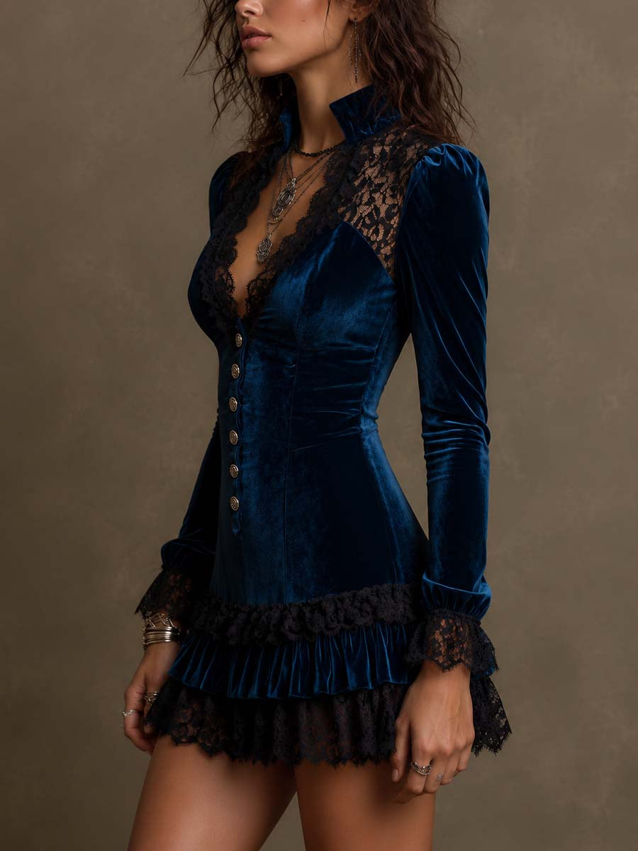 Gothic Navy Velvet Black Lace Yoke & Cuff Ruffle Hem Stand Collar Front Button Bodycon Mini Dress