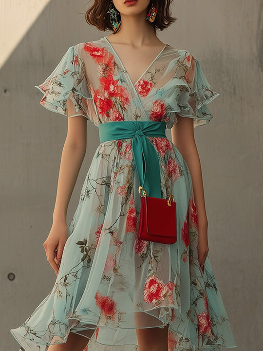 Casual V-neck Lotus Sleeve Flower Maxi Dress