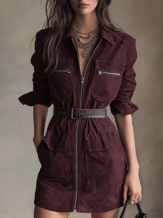 Vintage Burgundy Zip-Front Utility Mini Dress