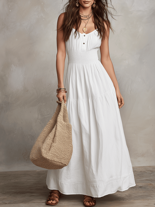 Bohemian White  Button-Front Maxi Dress