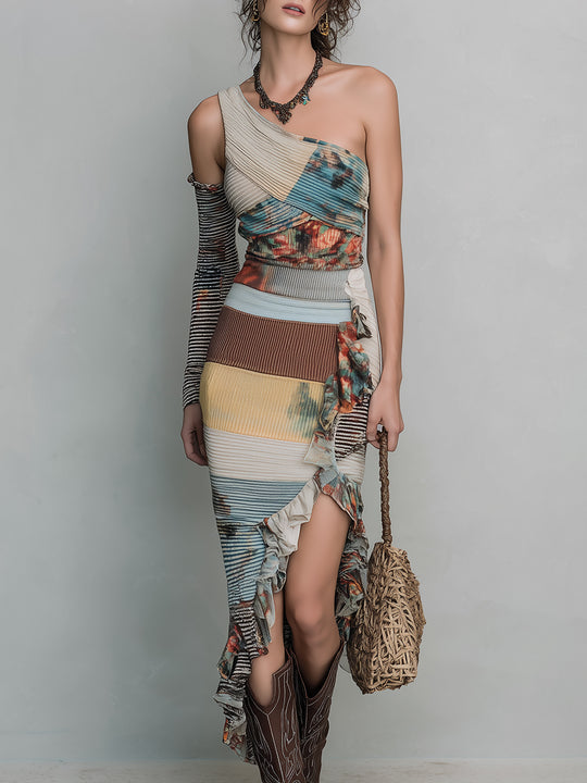 Retro Oil Painting Flower Print One-sleeve Midi Dress