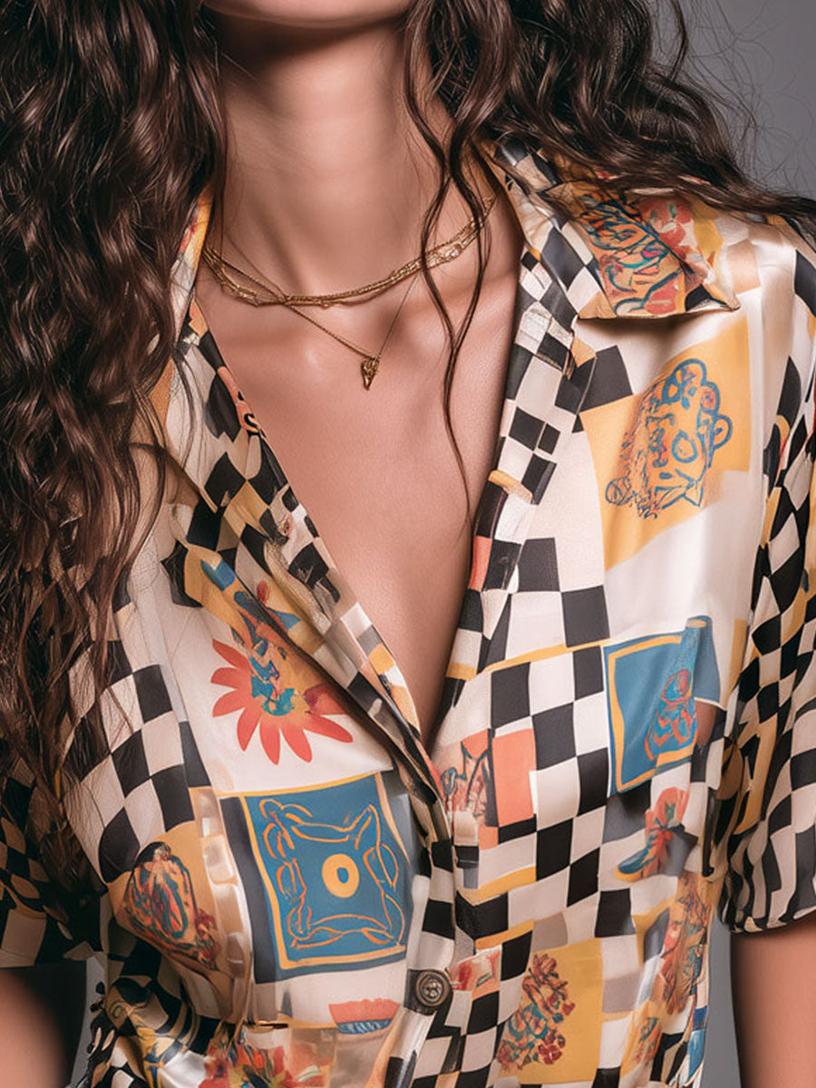Retro Checkerboard Colorful Collage Print Satin Shirt