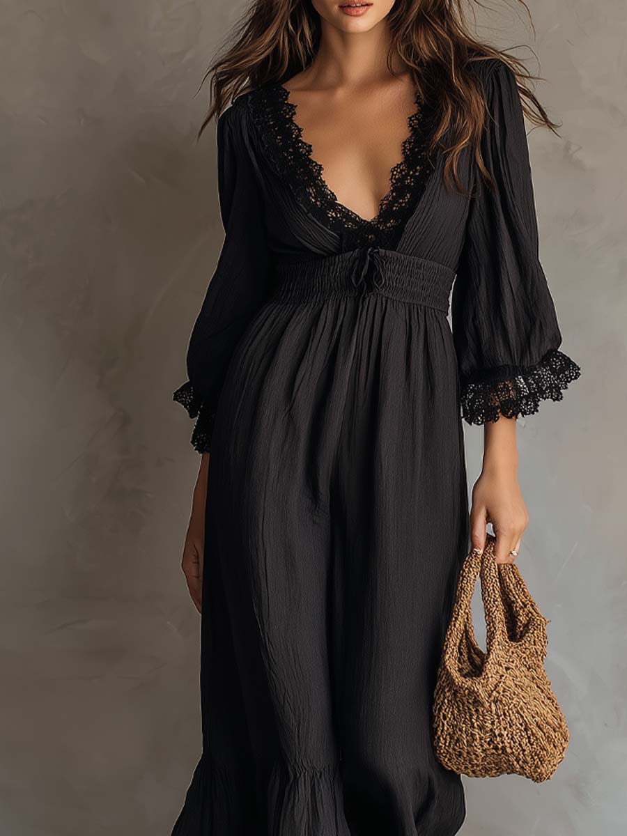 Vintage V-neck Lace-trimmed Cotton Linen Jumpsuit