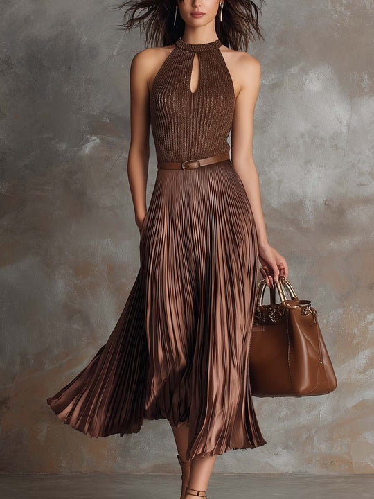 Retro Keyhole Neck Knitted Pleated Polyester Satin Midi Dress