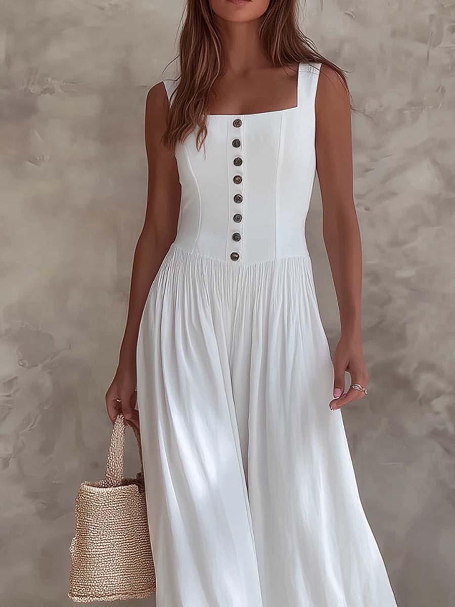 Vintage Square-neck Pleated Waist Cotton Linen Jumpsuit