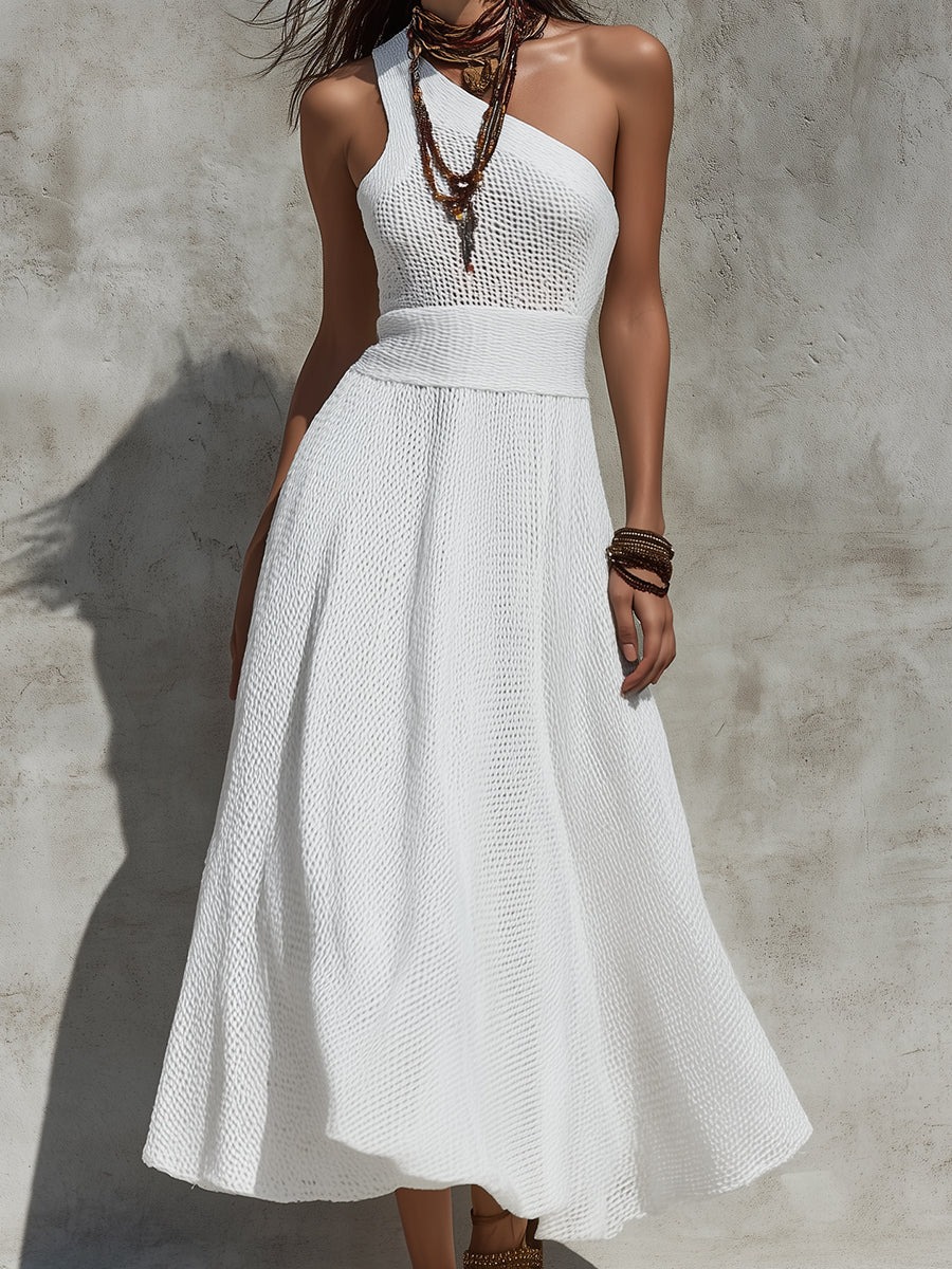 Chic One Shoulder Hollow Knitted Maxi Dress