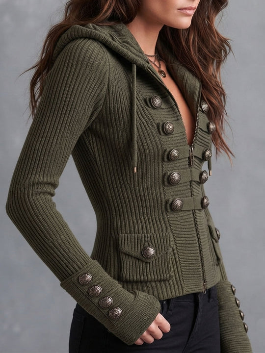 Boho Retro Hooded Rib Knit Jacket With Decorative Metal Buttons