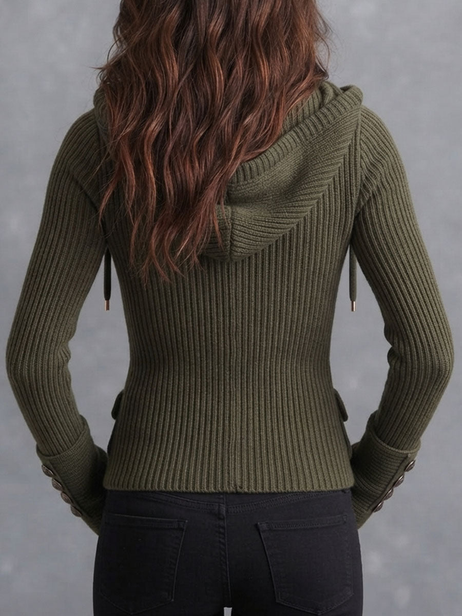 Boho Retro Hooded Rib Knit Jacket With Decorative Metal Buttons