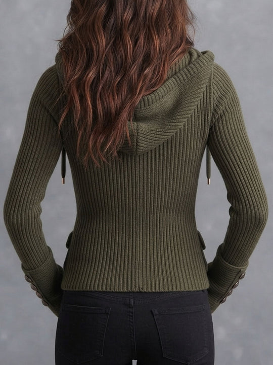 Boho Retro Hooded Rib Knit Jacket With Decorative Metal Buttons