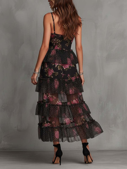 Gothic Floral Swiss Dot Chiffon Ruffle Midi Dress