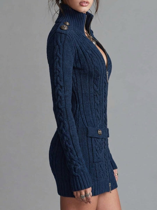 Vintage Military Style Cable Knit Zip-Up Sweater Dress with Button Detail