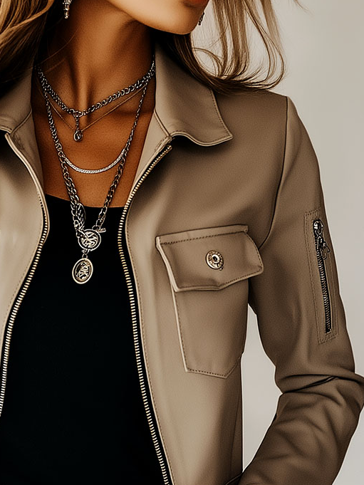 Women Daily Lapel Zipper-up Casual Jacket