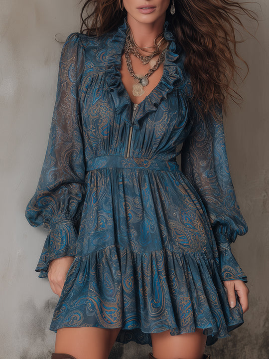 Bohemian Ruffled Neckline Paisley Pattern Chiffon Front Zip Mini Dress