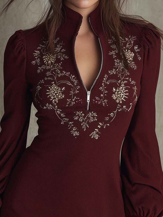 Ribbed Embroidered High Neck Zipper Long Sleeve Dress