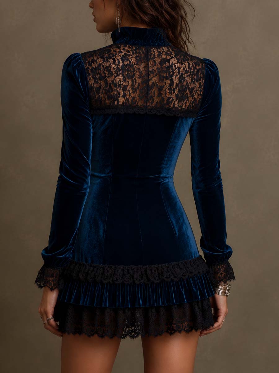 Gothic Navy Velvet Black Lace Yoke & Cuff Ruffle Hem Stand Collar Front Button Bodycon Mini Dress
