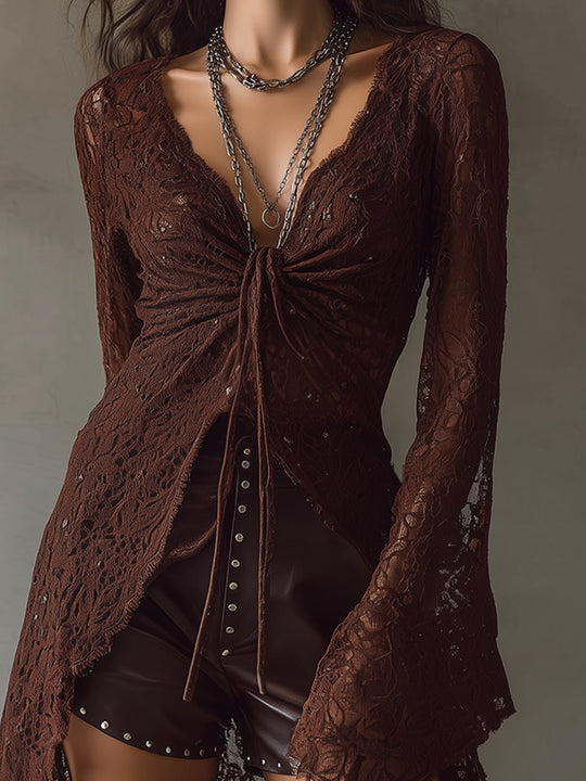 Bohemian Lace Bell Sleeves High Low Hem Blouse