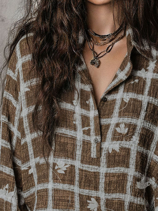 Bohemian Brown Plaid Leaf Print Textured Shirt