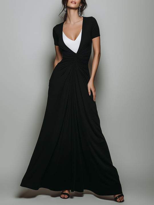 Unique Design Faux Two-piece Maxi Dress With Waist Pleats