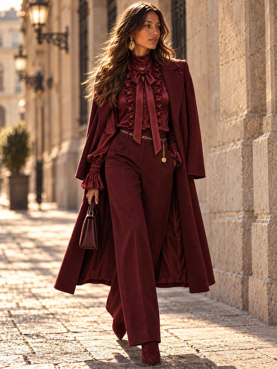 Women's Satin Bow Tie Neck Ruffle Trim Blouse with Bishop Sleeves