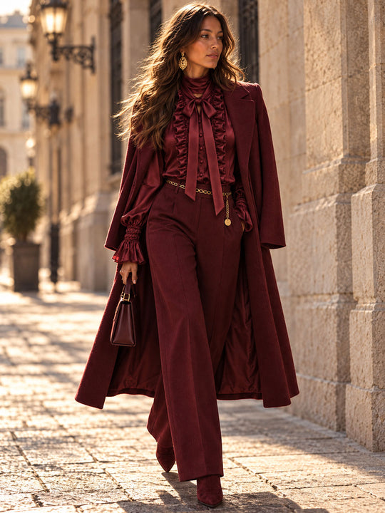 Women's Satin Bow Tie Neck Ruffle Trim Blouse with Bishop Sleeves
