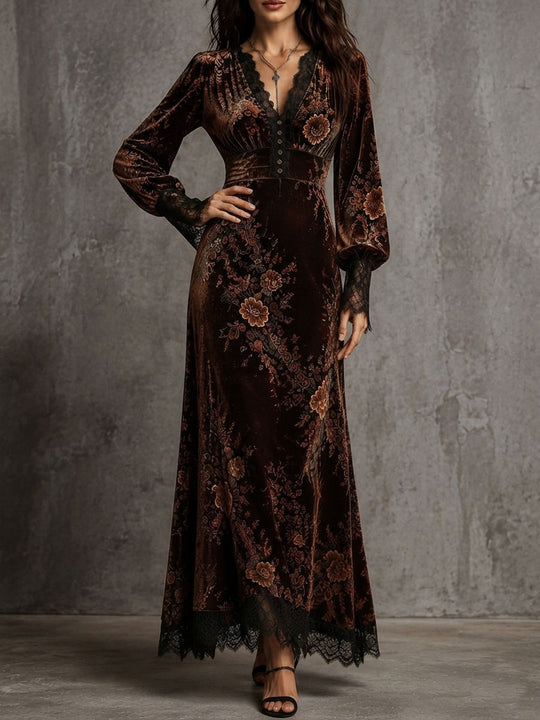 Vintage Velvet Floral Lace V Neck Puff Sleeve Evening Dress