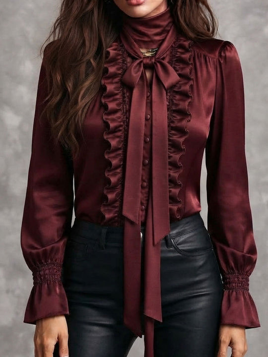 Women's Satin Bow Tie Neck Ruffle Trim Blouse with Bishop Sleeves