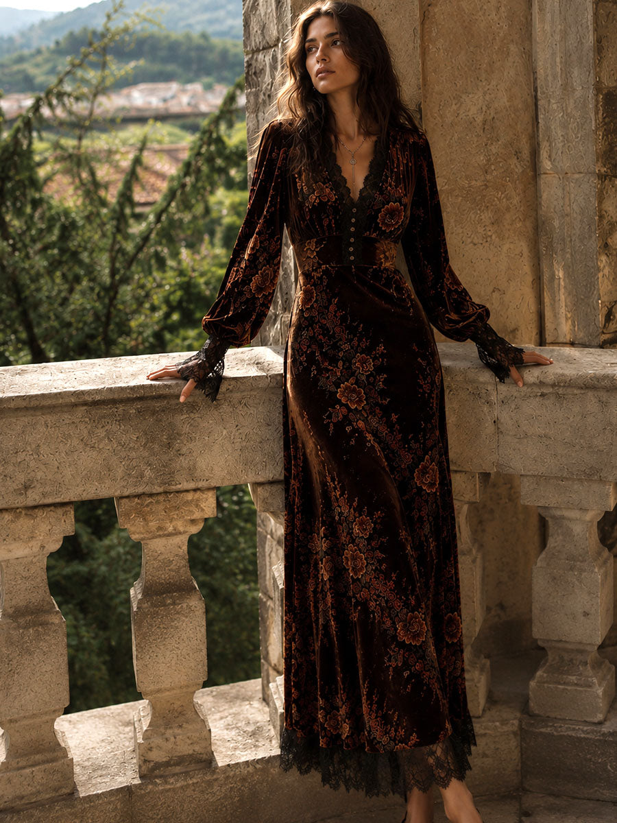 Vintage Velvet Floral Lace V Neck Puff Sleeve Evening Dress