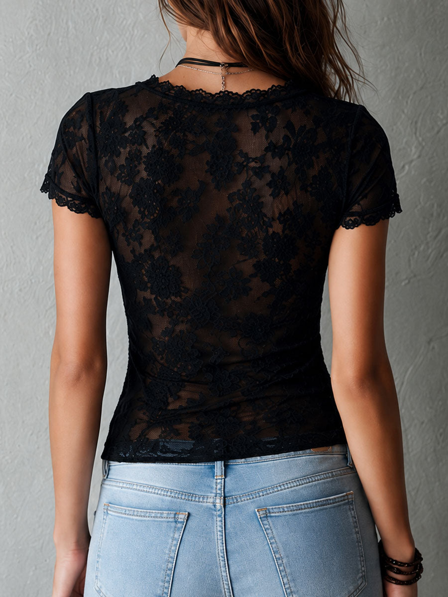 Boho Chic Black Lace Mesh Short Sleeve Blouse
