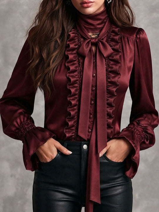 Women's Satin Bow Tie Neck Ruffle Trim Blouse with Bishop Sleeves