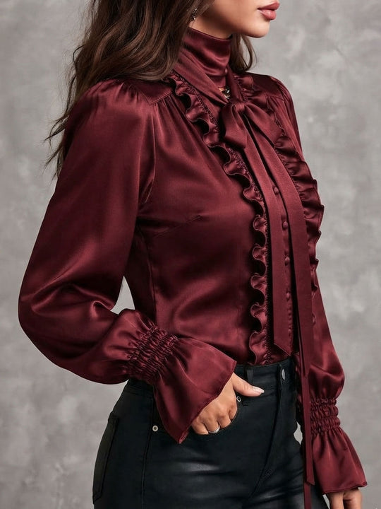 Women's Satin Bow Tie Neck Ruffle Trim Blouse with Bishop Sleeves