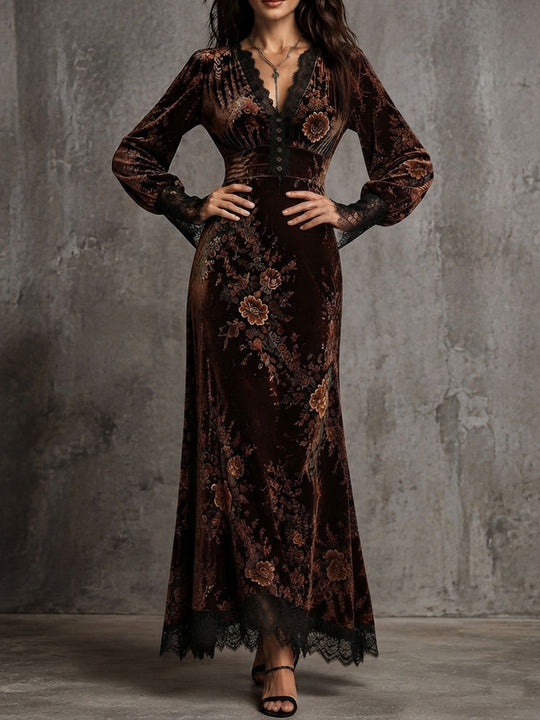 Vintage Velvet Floral Lace V Neck Puff Sleeve Evening Dress