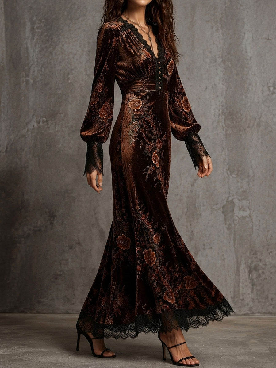 Vintage Velvet Floral Lace V Neck Puff Sleeve Evening Dress